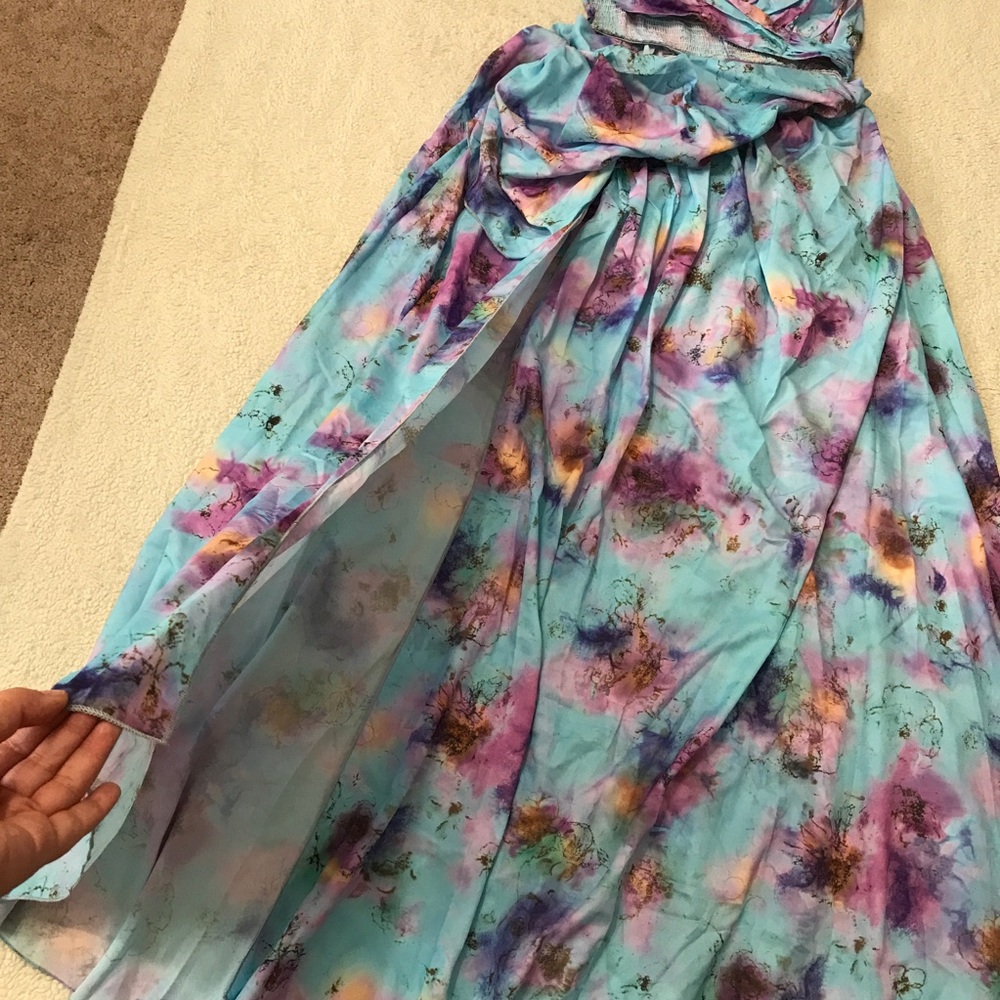 Deep V Neck Cutout Maxi Dress Asymmetrical High Slit Blue Multicolor Size M - Picture 6 of 14